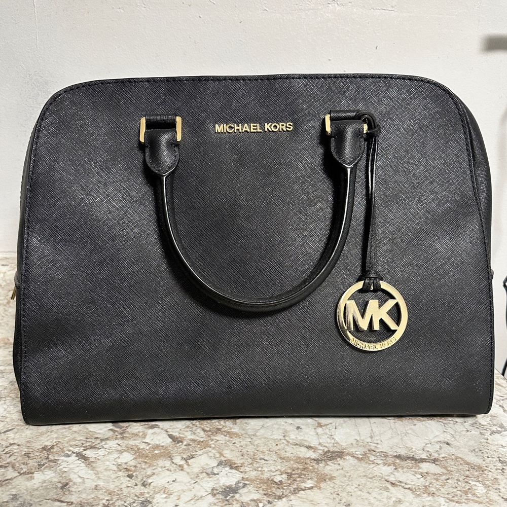 MICHAEL KORS Jet Set Satchel Purse Top Handle - Gold & Black Saffiano Leather - Picture 3 of 15